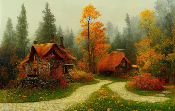 Picture roof, autumn, forest, trees, comfort, glade, figure, graphics