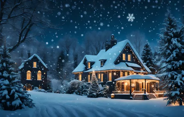 Winter, snow, night, house, Christmas, hut, New year, houses