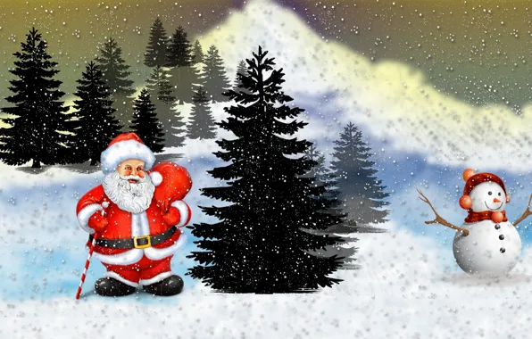 Winter, Snow, Christmas, New year, Santa Claus, Tree, Snowman