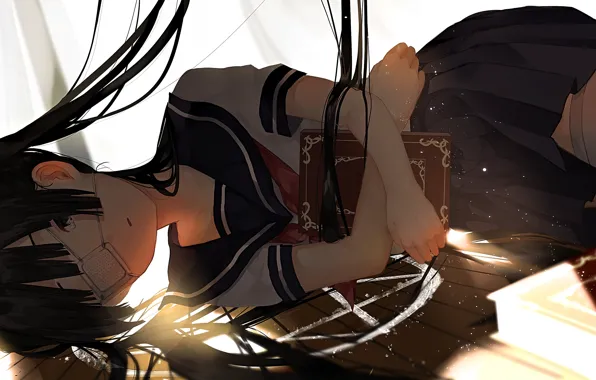 Wallpaper bangs, schoolgirl, lying on the floor, book, sailor, long hair, witchcraft, pentagram