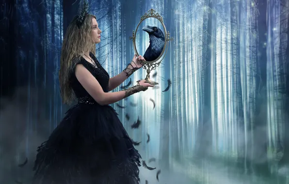 Forest, girl, bird, mirror, witch, Raven, Tracy Lundgren