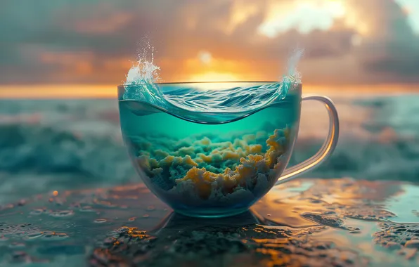 Picture waves, sunset, cup, liquid, illustration, surreal, depth of field, AI art