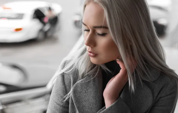 Pose, model, hand, portrait, makeup, hairstyle, blonde, coat