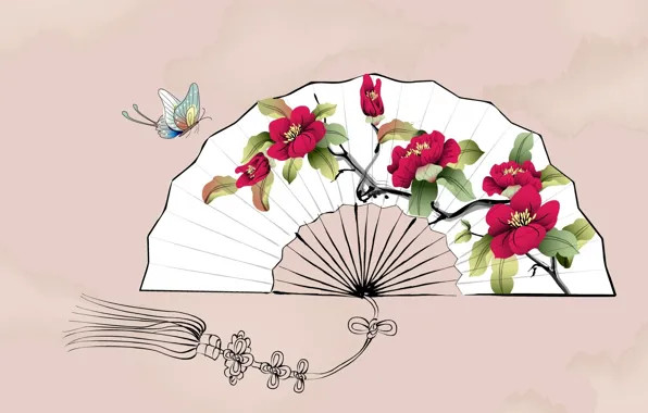 Flowers, butterfly, fan, art, watercolor