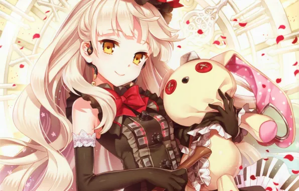 Rabbit, hat, rose petals, yellow eyes, bangs, gloves elbow, plush Bunny, Lord of Vermilion