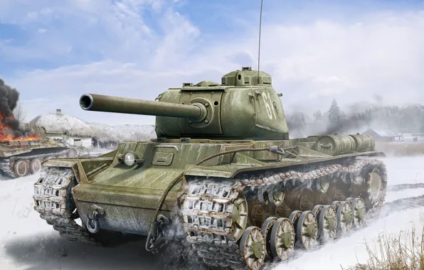 Winter, art, artist, tank, lines, USSR, the battle, WWII