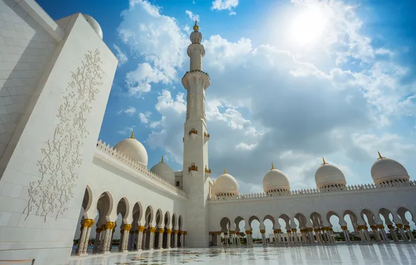 The sky, the sun, clouds, tower, Palace, Abu Dhabi, UAE, United Arab Emirates