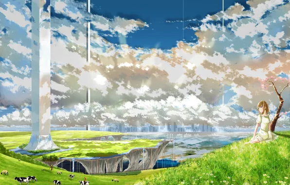 Picture animals, grass, girl, clouds, nature, anime, cows, art