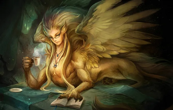Girl, wings, paws, feathers, glasses, Cup, pendant, book