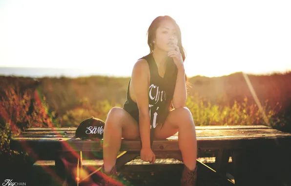 Girl, bench, Mike, cap, Keith Cheng, Christy Truong