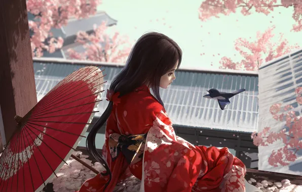 Japan, girl, kimono, bird, long hair, on the roof, cherry blossoms, red umbrella