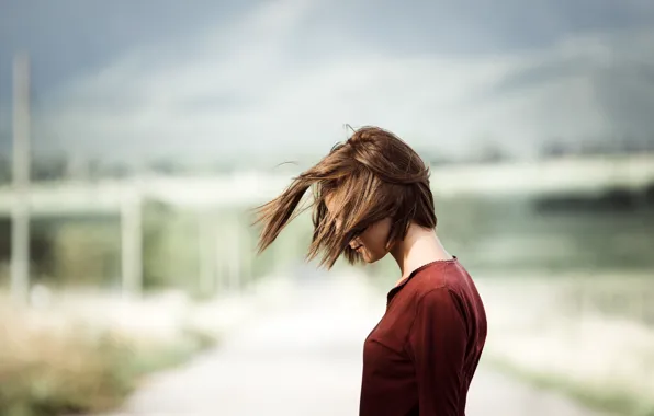 Picture girl, the wind, profile, short hair