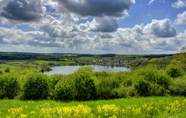Greens, the sky, grass, clouds, lake, field, home, Germany