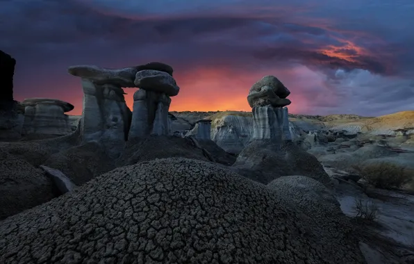The sky, clouds, sunset, mountains, stones, rocks, desert, the evening
