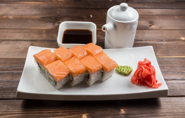 Sauce, rolls, ginger, salmon, wasabi