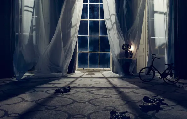 Picture night, doll, mystery, window, curtains, scary, gloomy atmosphere
