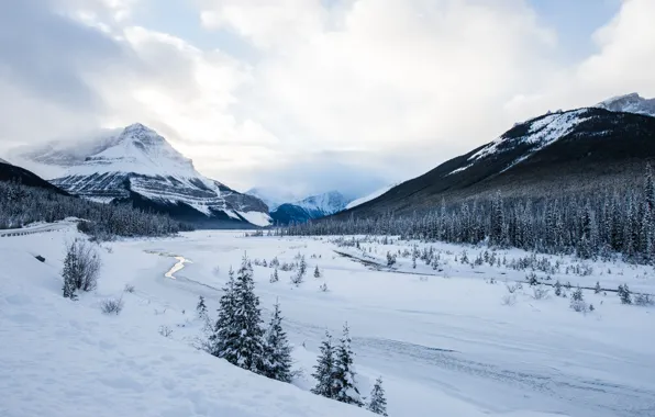 Road, river, winter, mountains, snow, frozen