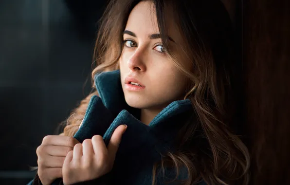 Look, girl, portrait, collar, brown hair, coat, Stanislav Gan