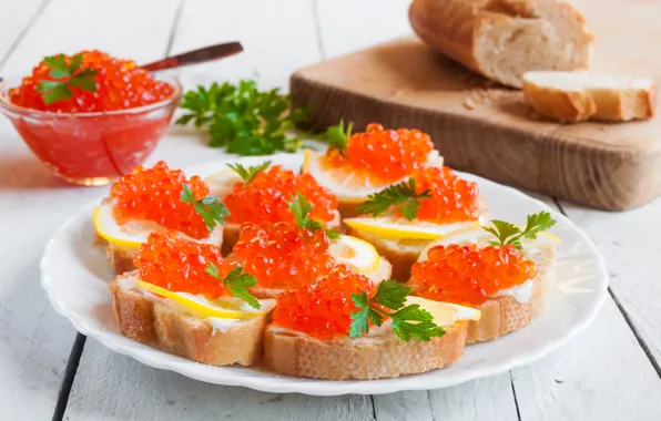 Picture table, plate, bread, Board, red, caviar, bokeh, sandwiches