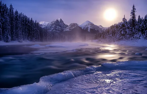 Winter, sunset, river, ice