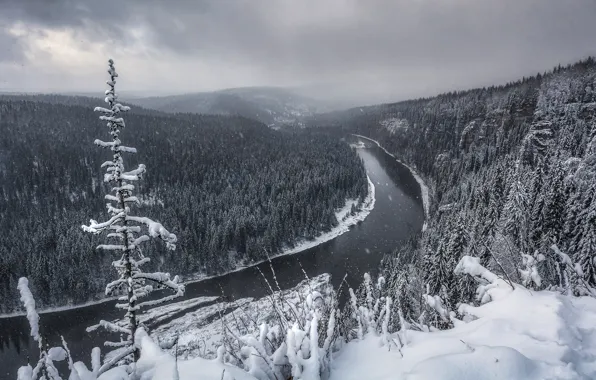 Winter, frost, forest, the sky, snow, mountains, river, overcast