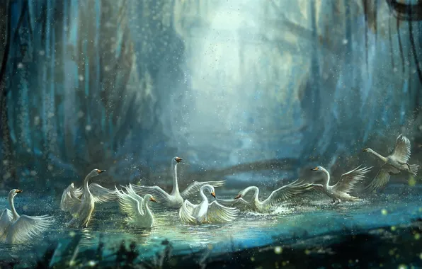 Picture forest, water, squirt, birds, pond, bathing, art, swans