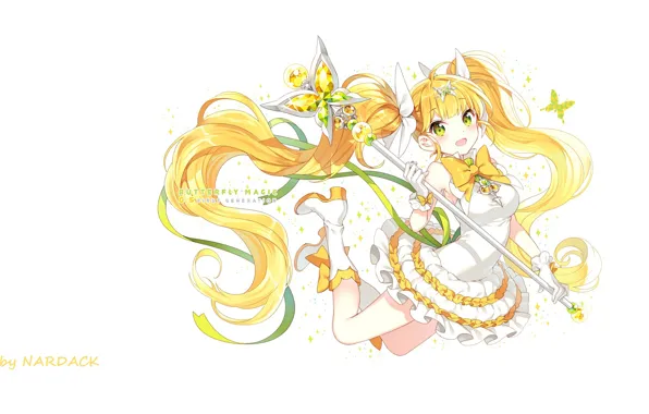 Butterfly, jump, tape, gloves, boots, bow, rod, white dress