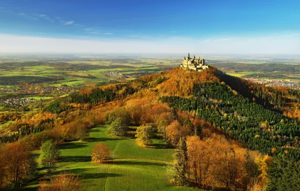 Autumn, forest, the sky, clouds, trees, blue, castle, view