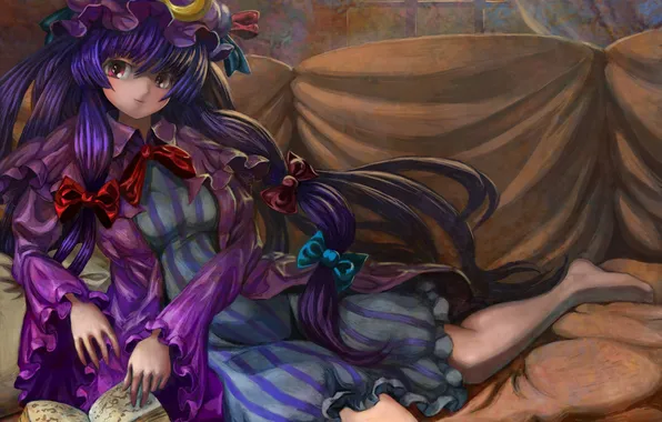 Picture look, girl, sofa, book, touhou, art, patchouli knowledge, syuraime 0