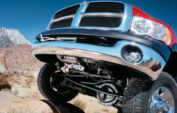 Picture mountains, bumper, suspension, Dodge Ram, winch, lots of chrome