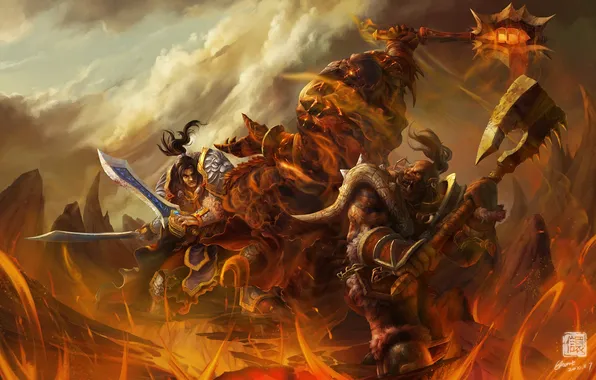 Rocks, fire, WoW, World of Warcraft, warriors, fight