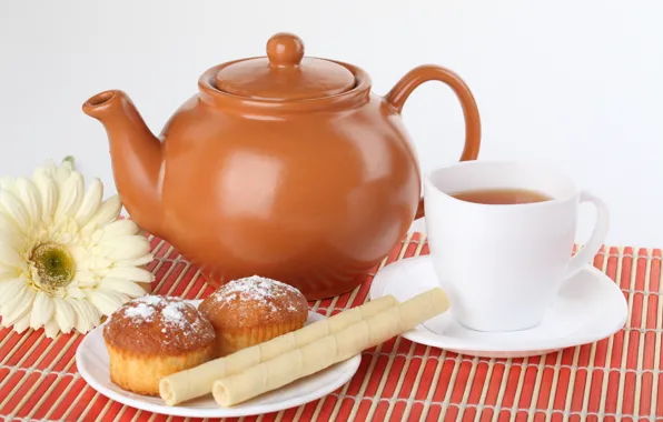 Flower, tea, kettle, Cup, tube, cupcakes