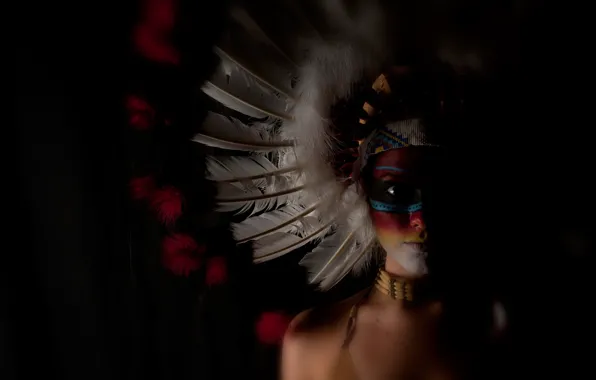 Girl, face, background, feathers, paint, headdress