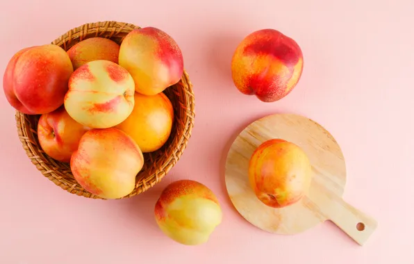 Bowl, fruit, peaches, pink background, network, the view from the top, composition, nectarines