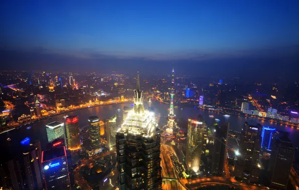 The sky, light, night, horizon, China, Shanghai, Oriental Pearl Tower, Jin Mao Tower