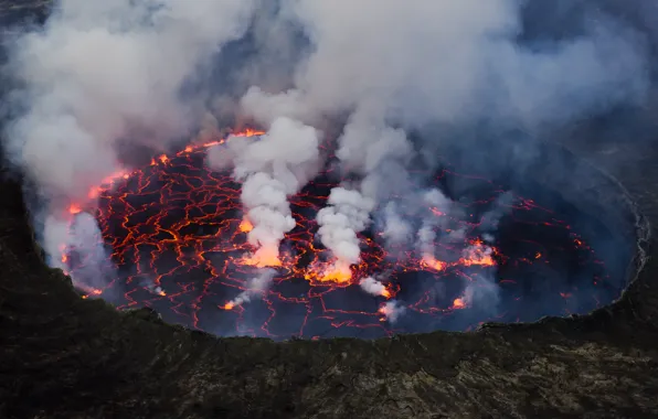 Lake, lava, stratovolcano, Mount Nyiragongo, Virunga National Park, Democratic Republic of the Congo, Cai Tjeenk …