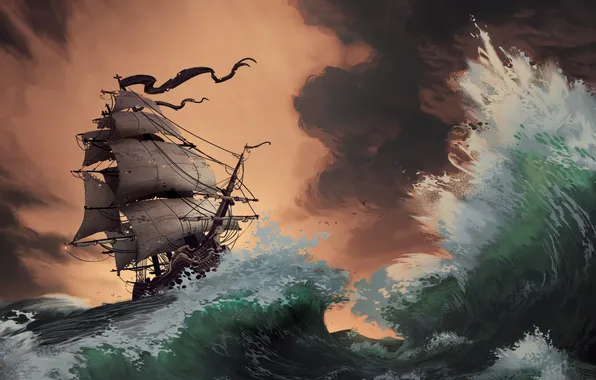 Picture waves, storm, sunset, water, pirate ship, painting, digital art, Illustration
