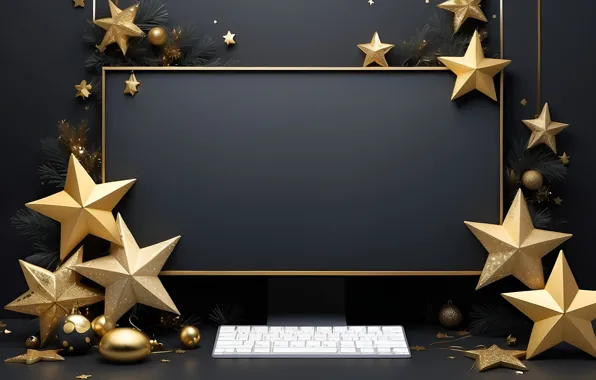 Computer, stars, balls, branches, the dark background, gold, Shine, Christmas