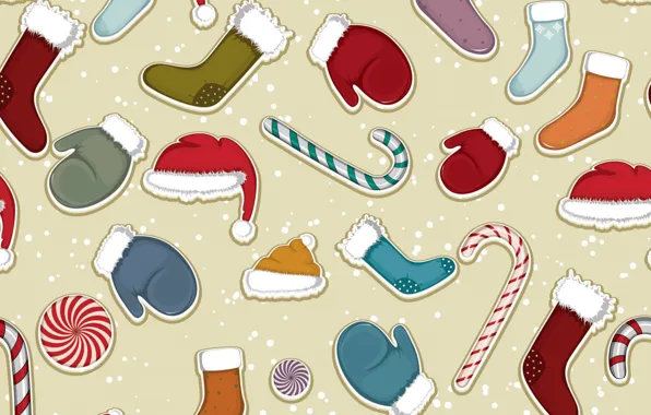 Texture, Christmas, New year, mittens, canes