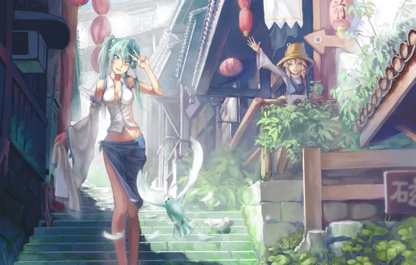 Greens, birds, girls, street, gestures, Touhou, greeting, Kochi Have Done The Art