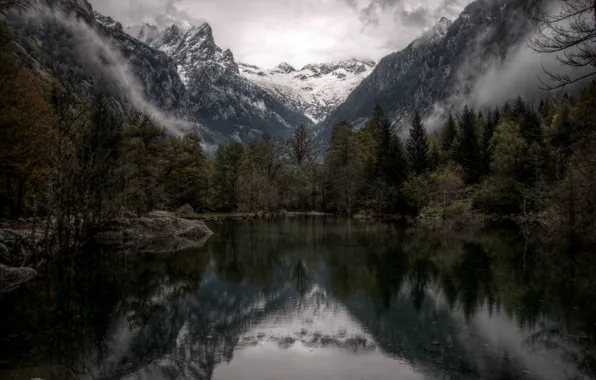 The sky, trees, mountains, nature, fog, lake, rocks, Italia