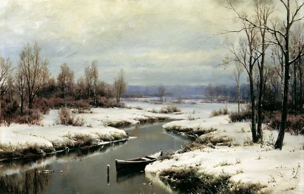 Water, snow, trees, boat, picture, river, painting, 'ts
