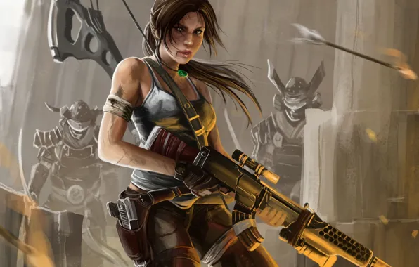 Girl, bow, art, machine, arrow, tomb raider, Lara Croft, enemies