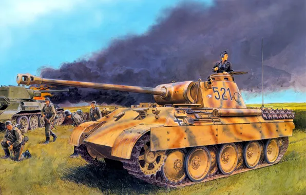 Field, fire, flame, smoke, art, Panther, soldiers, tank