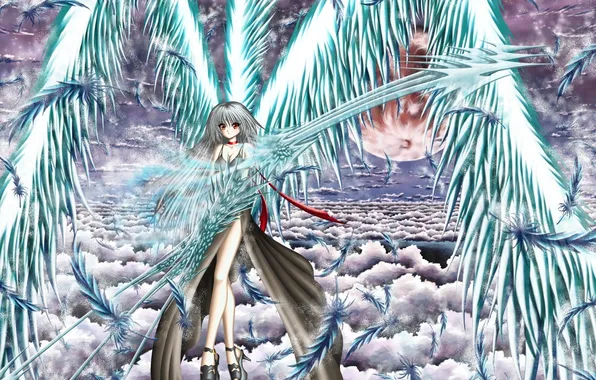 The sky, girl, clouds, weapons, the moon, wings, anime, art