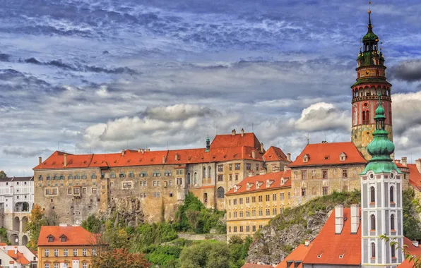 Picture the sky, clouds, trees, castle, tower, home, Czech Republic, Cesky Krumlov