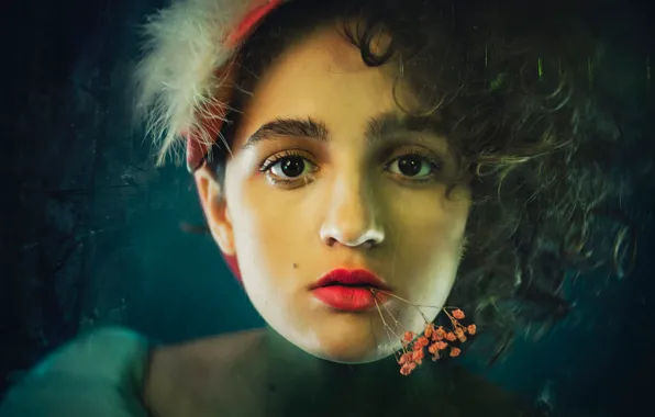 Look, girl, face, sprig, background, portrait, feathers, makeup