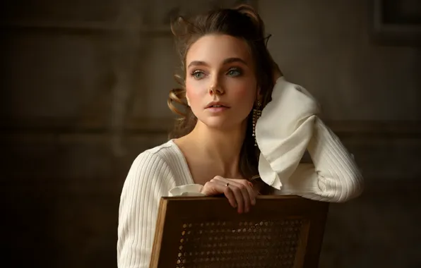 Wallpaper look, girl, chair, brown hair, back, Denis Drozhzhin images ...
