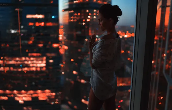 Picture glass, girl, the city, lights, room, Moscow, bokeh