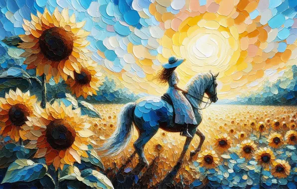 Field, white, summer, girl, the sun, sunflowers, flowers, horse